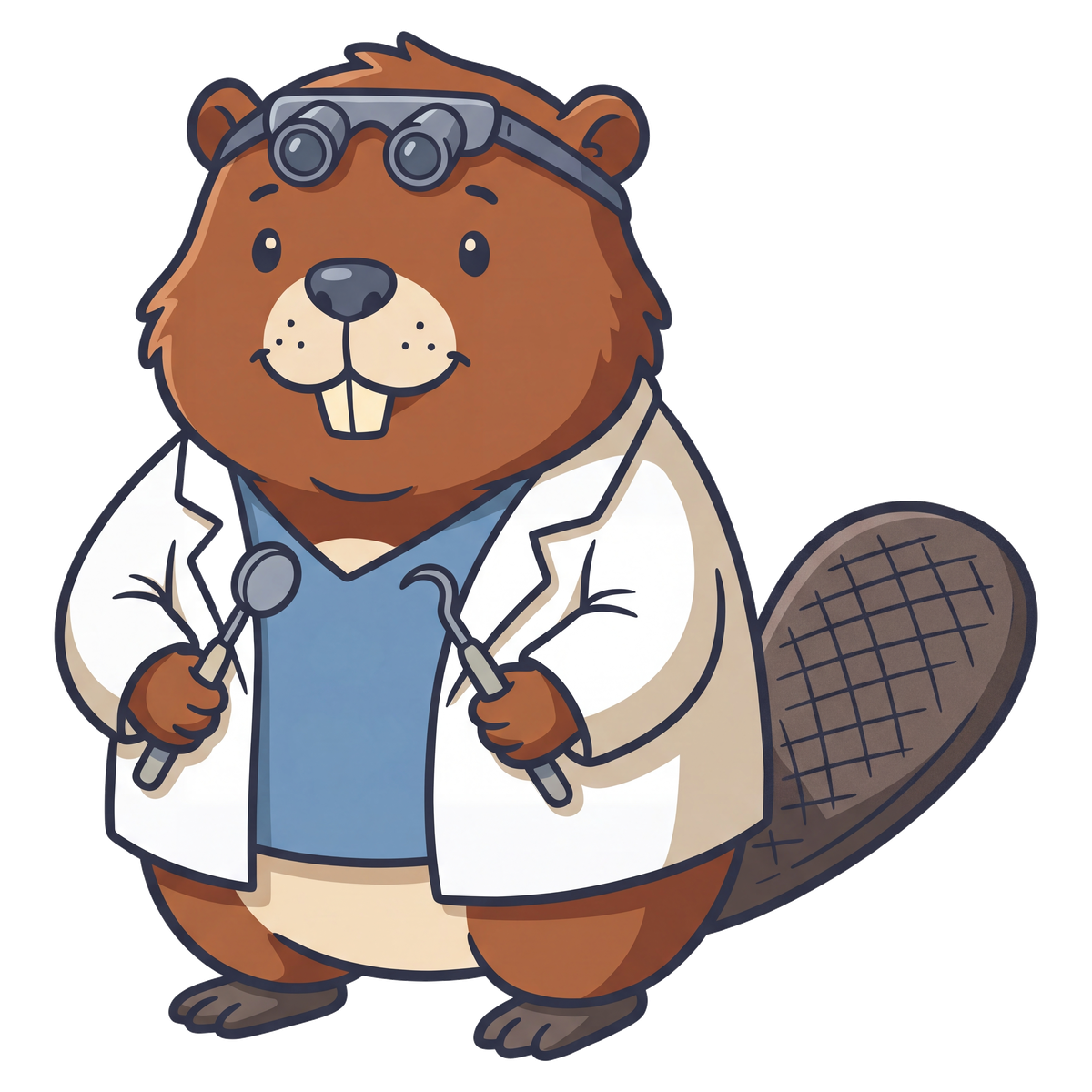 Dr. Buck, a beaver dentist in a white coat with loupes, holding a dental mirror and explorer