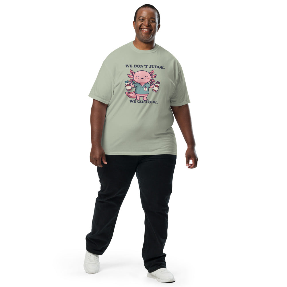 We Don't Judge. We Culture. tee in Bay, on a man