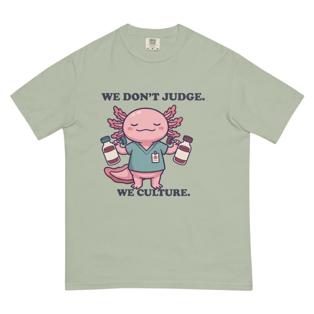 We Don't Judge. We Culture. tee in Bay, flat lay