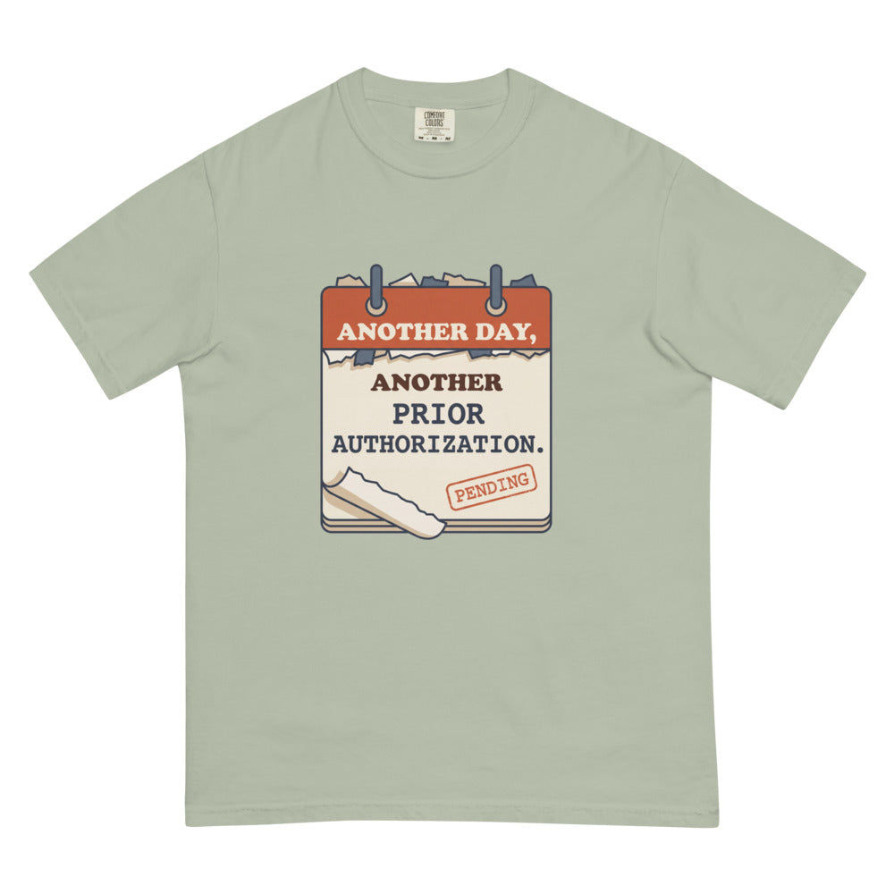 Another Day, Another Prior Authorization tee in Bay, flat lay