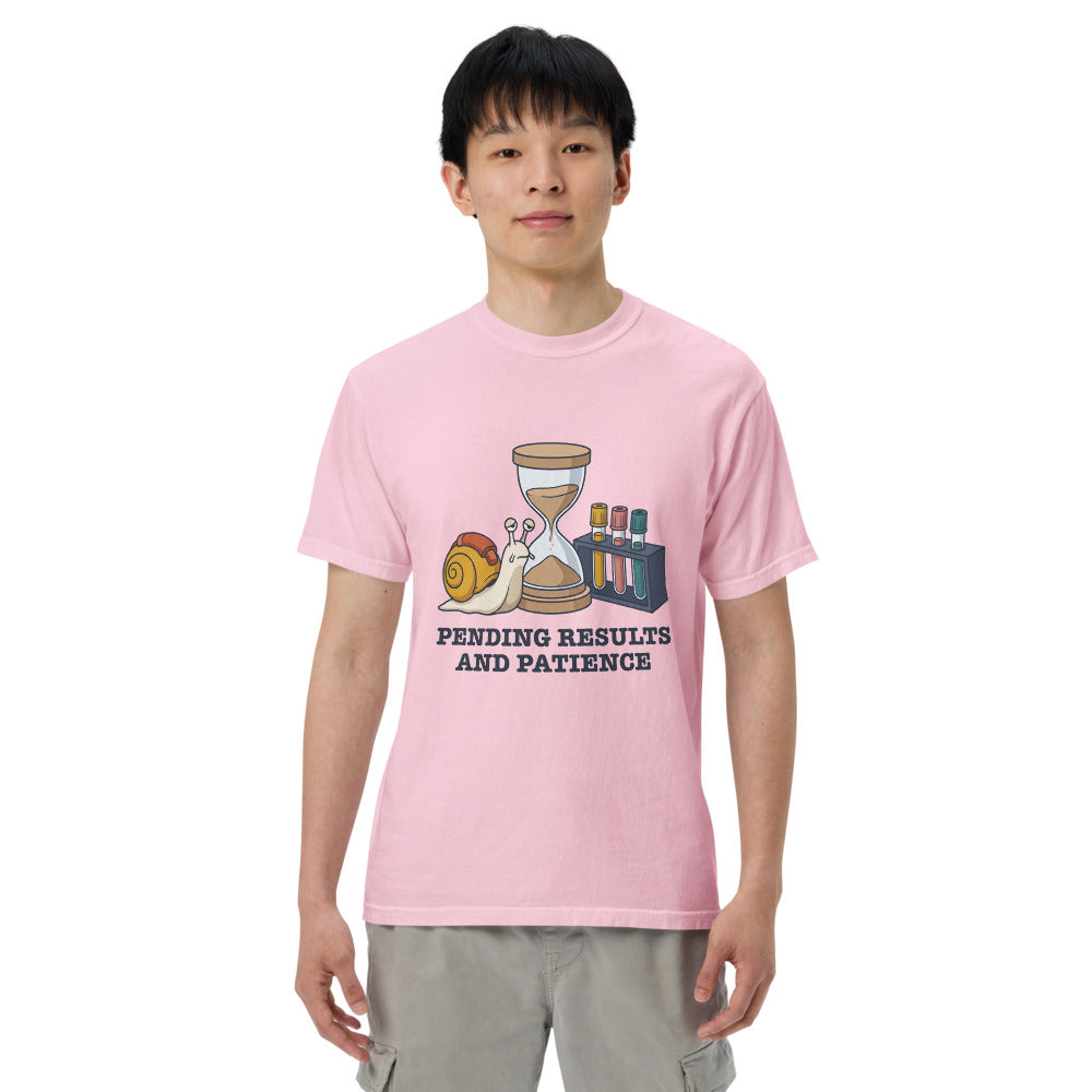 Pending Results and Patience tee in Blossom, on a man