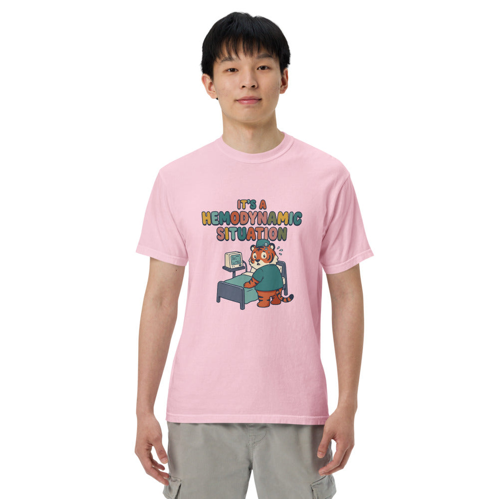 It's a Hemodynamic Situation tee in Blossom, on a man