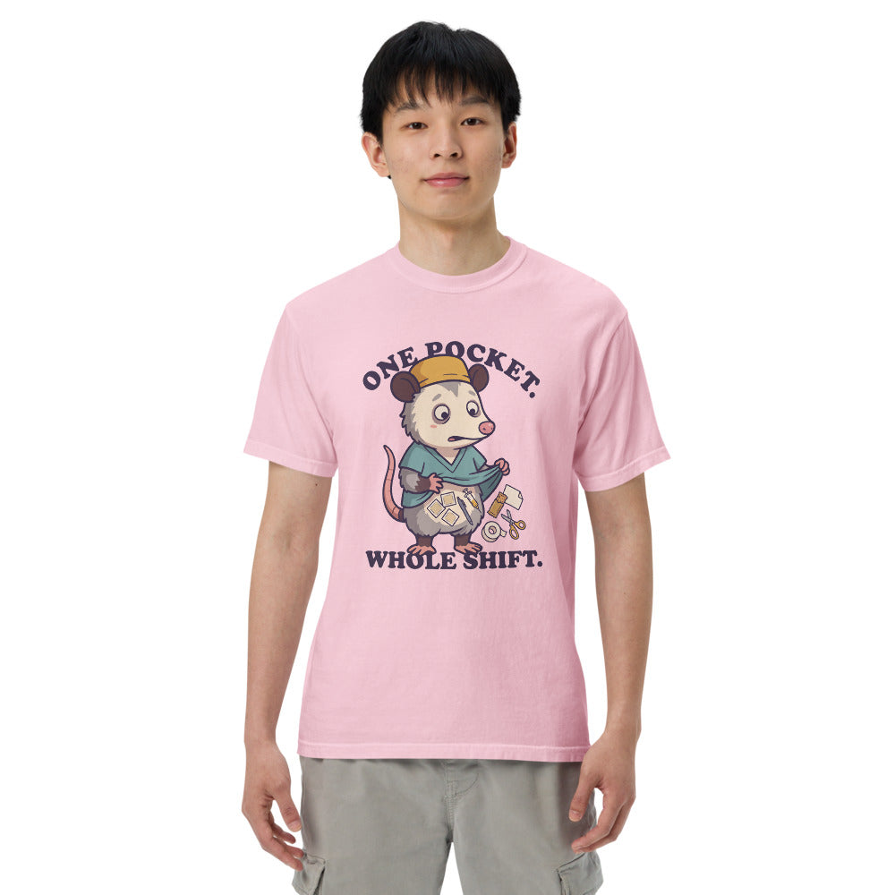 One Pocket. Whole Shift. tee in Blossom, on a man