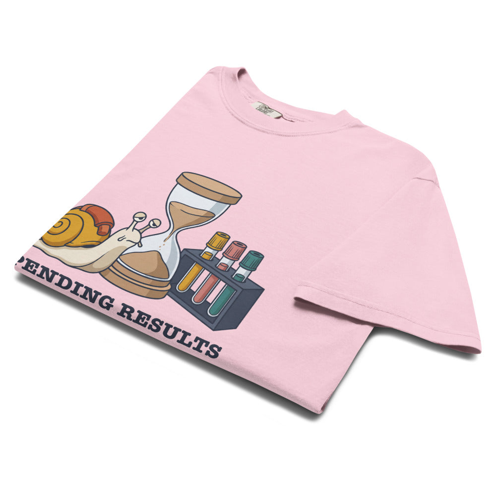 Pending Results and Patience tee in Blossom, folded