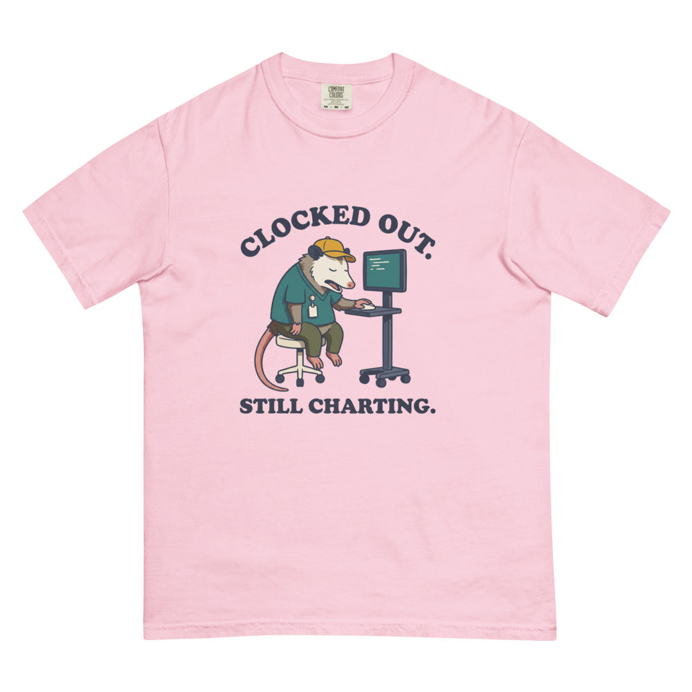 Clocked Out. Still Charting. tee in Blossom, flat lay