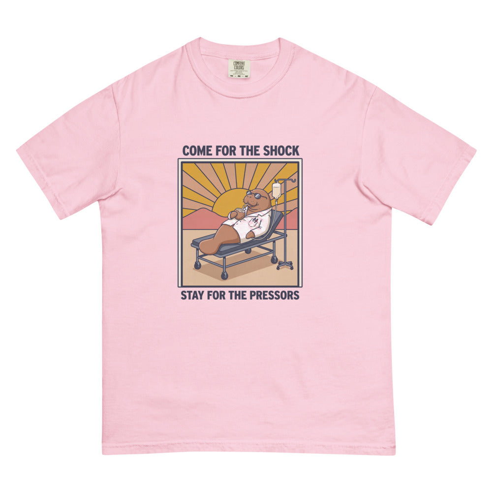 Come for the Shock, Stay for the Pressors tee in Blossom, flat lay