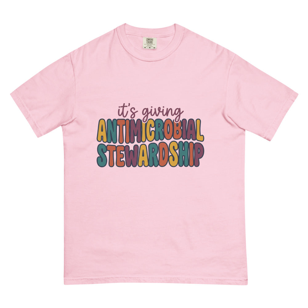 It's Giving Antimicrobial Stewardship tee in Blossom, flat lay