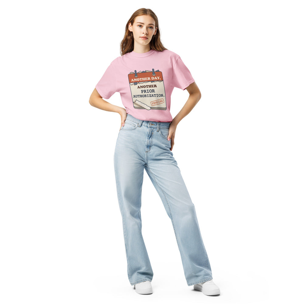 Another Day, Another Prior Authorization tee in Blossom, on a woman