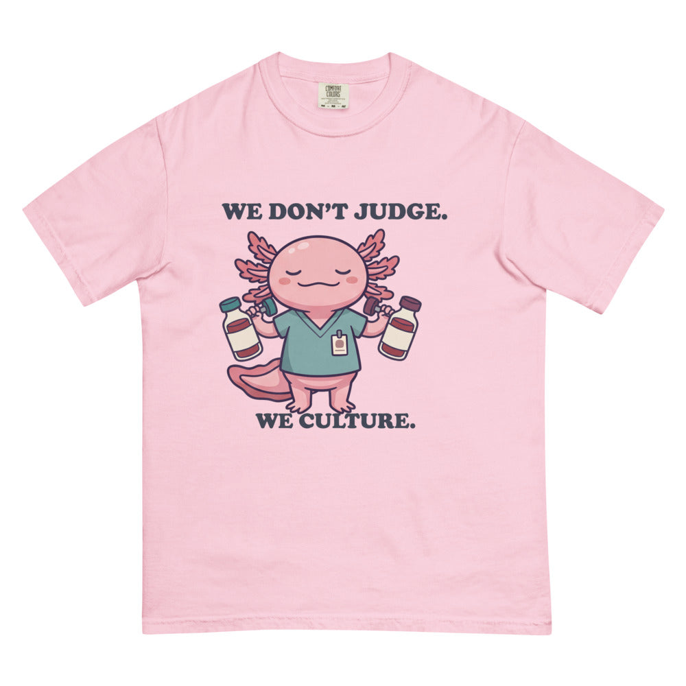 We Don't Judge. We Culture. tee in Blossom, flat lay