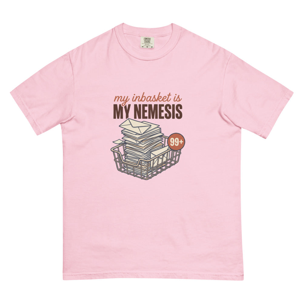 My Inbasket Is My Nemesis tee in Blossom, flat lay