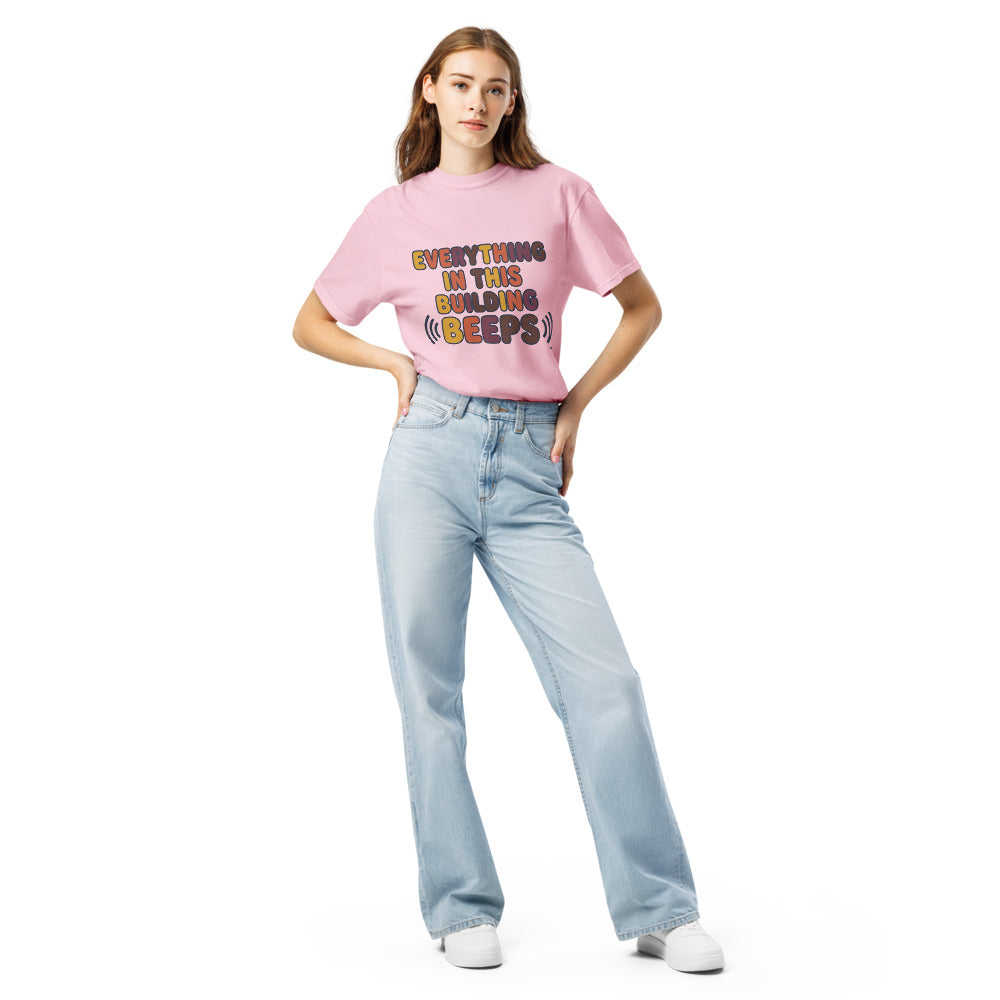 Everything In This Building Beeps tee in Blossom, on a woman