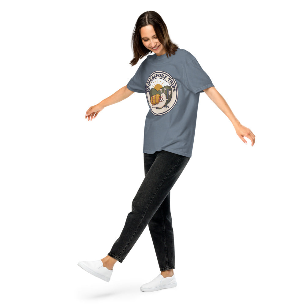 Drips Before Trips tee in Blue Jean, on a woman