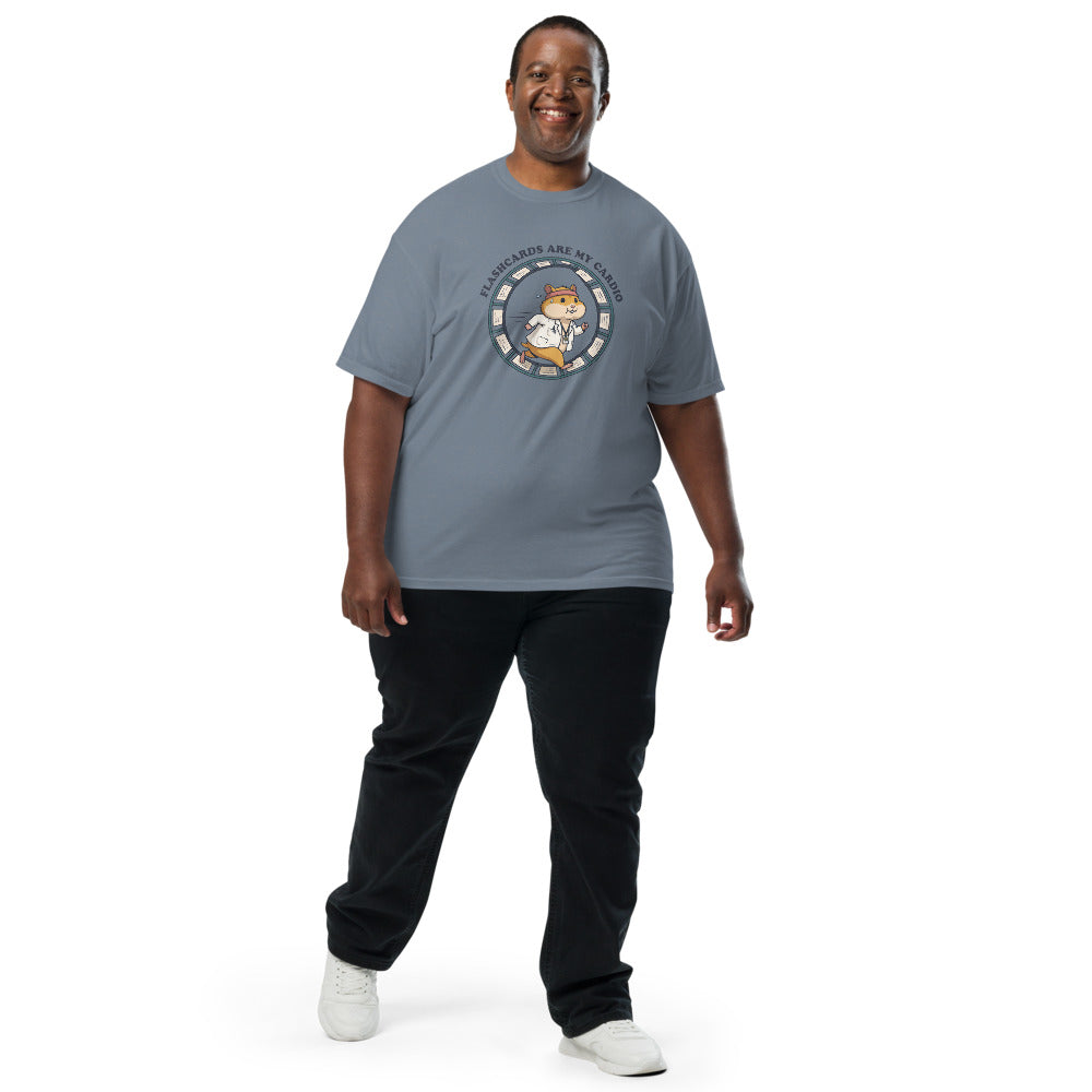 Flashcards Are My Cardio tee in Blue Jean, on a man