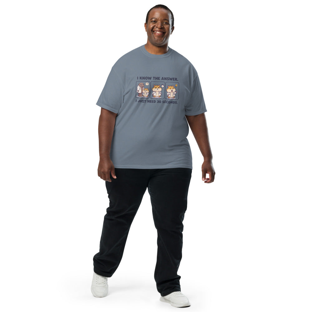 I Know the Answer. I Just Need 30 Seconds. tee in Blue Jean, on a man
