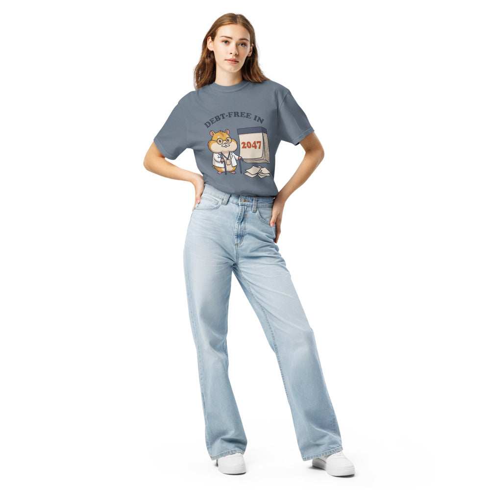 Debt-Free in 2047 tee in Blue Jean, on a woman
