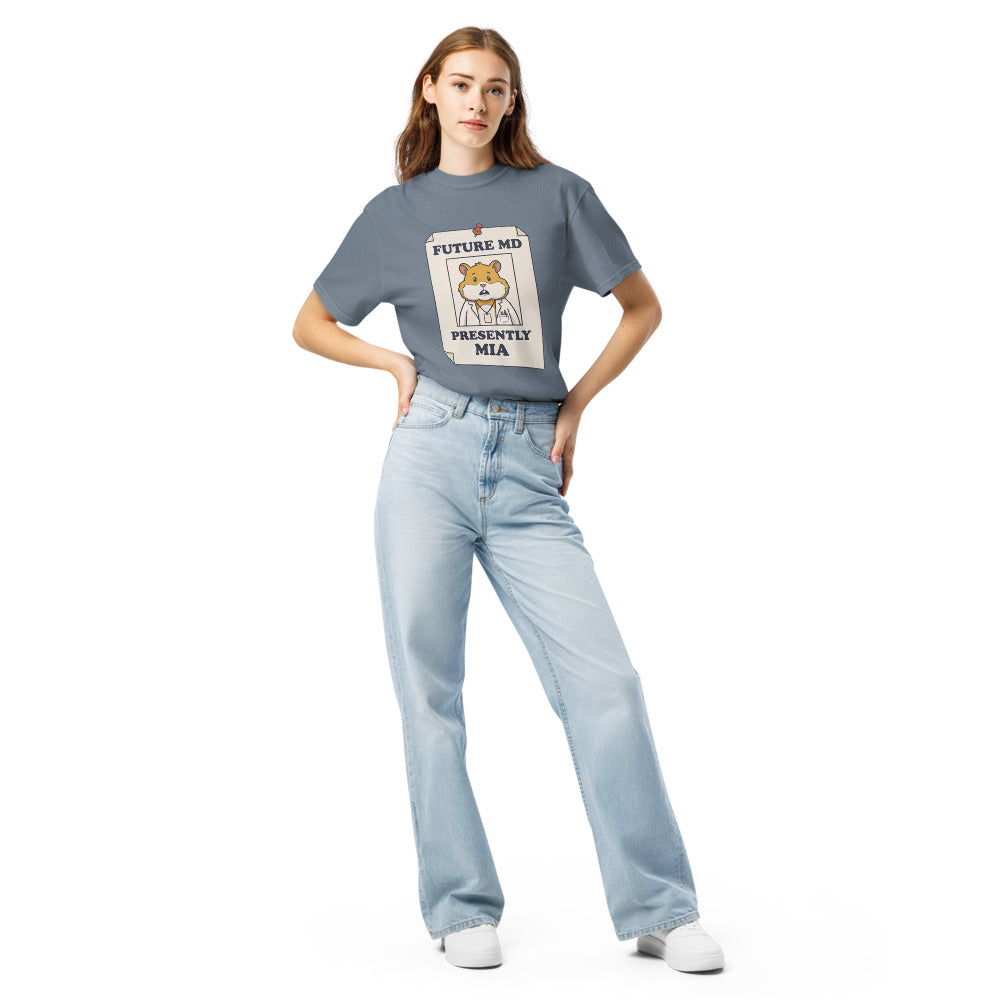 Future MD, Presently MIA tee in Blue Jean, on a woman