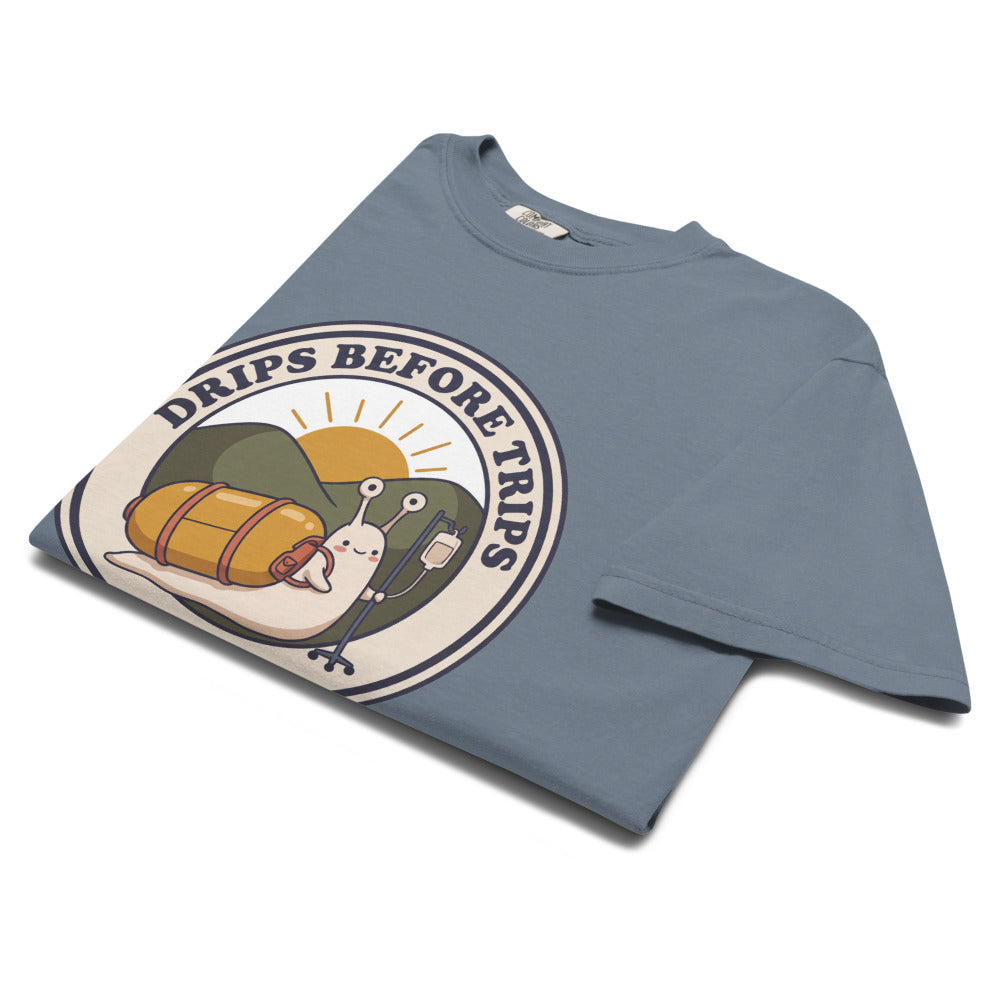 Drips Before Trips tee in Blue Jean, folded