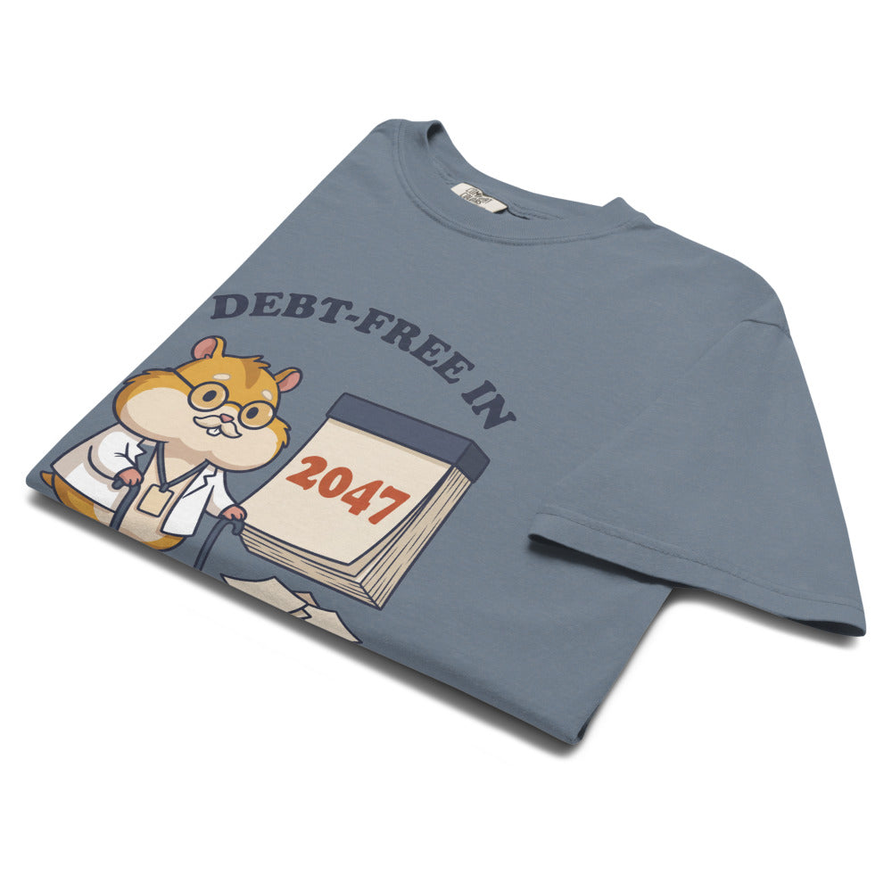 Debt-Free in 2047 tee in Blue Jean, folded
