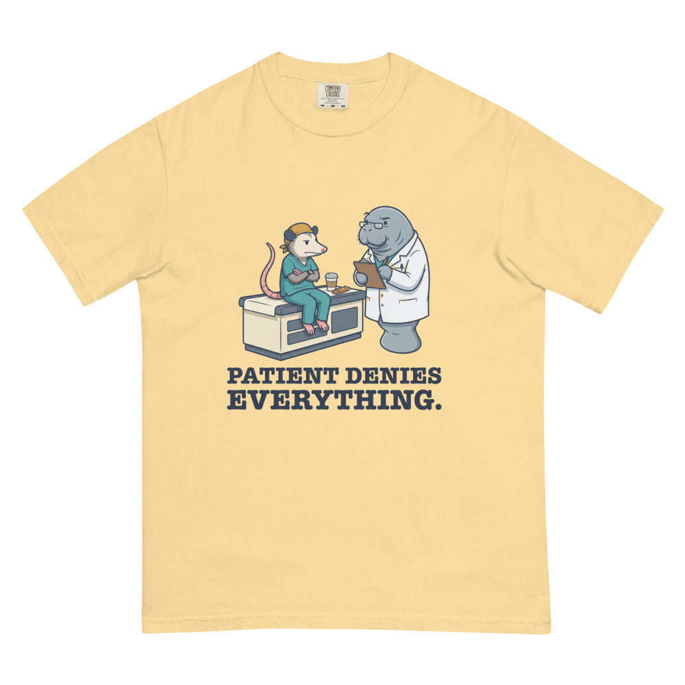 Patient Denies Everything. tee in Butter, flat lay
