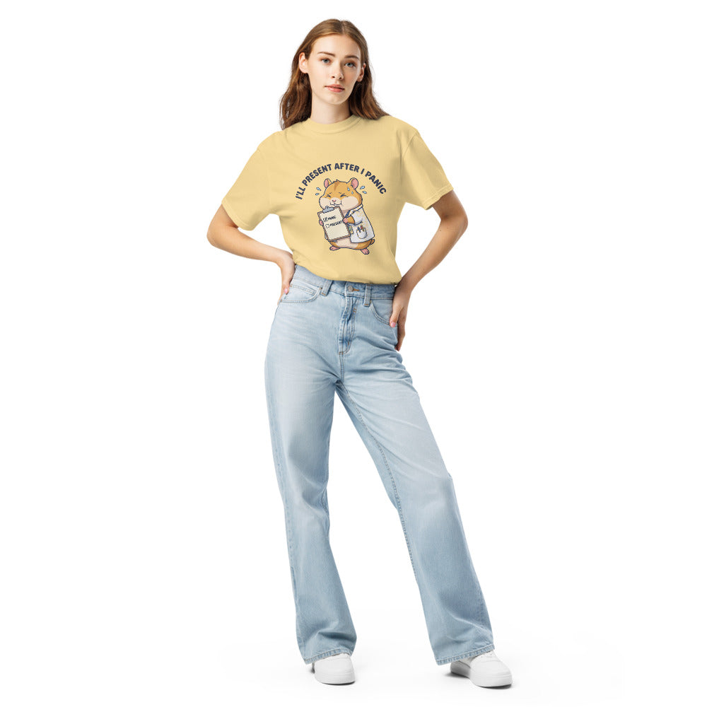 I'll Present After I Panic tee in Butter, on a woman