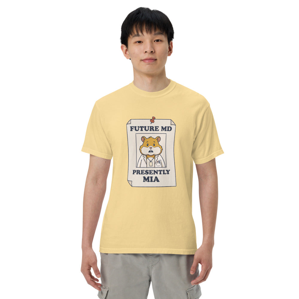 Future MD, Presently MIA tee in Butter, on a man
