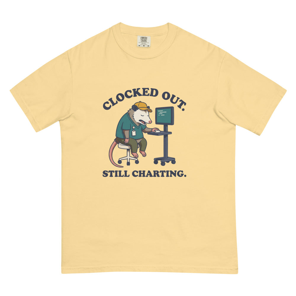 Clocked Out. Still Charting. tee in Butter, flat lay
