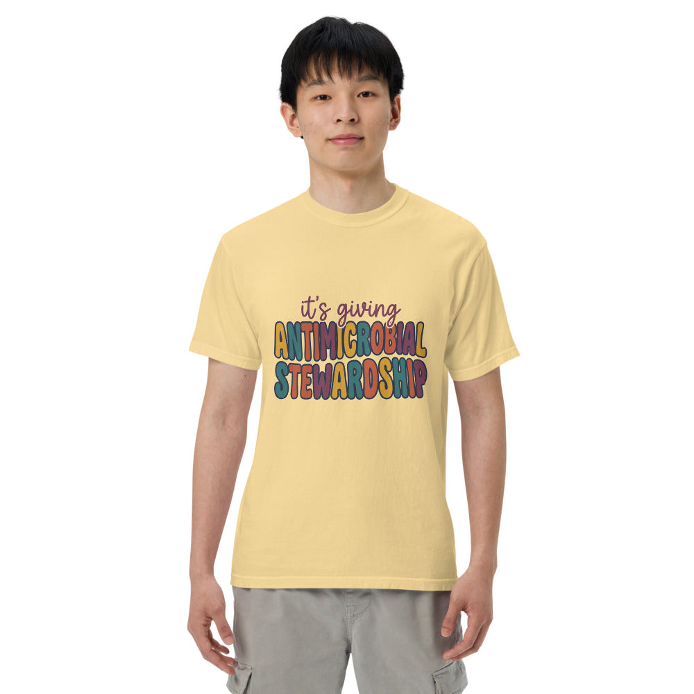 It's Giving Antimicrobial Stewardship tee in Butter, on a man