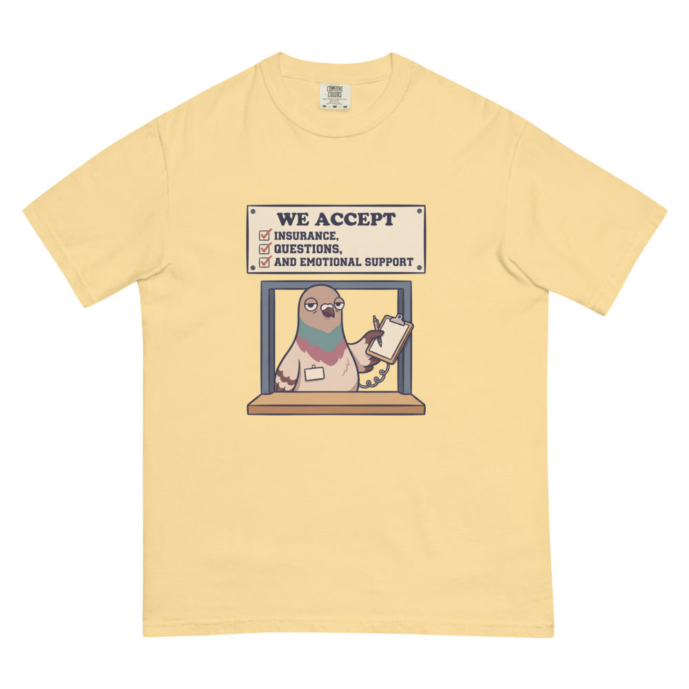 We Accept Insurance, Questions, and Emotional Support tee in Butter, flat lay
