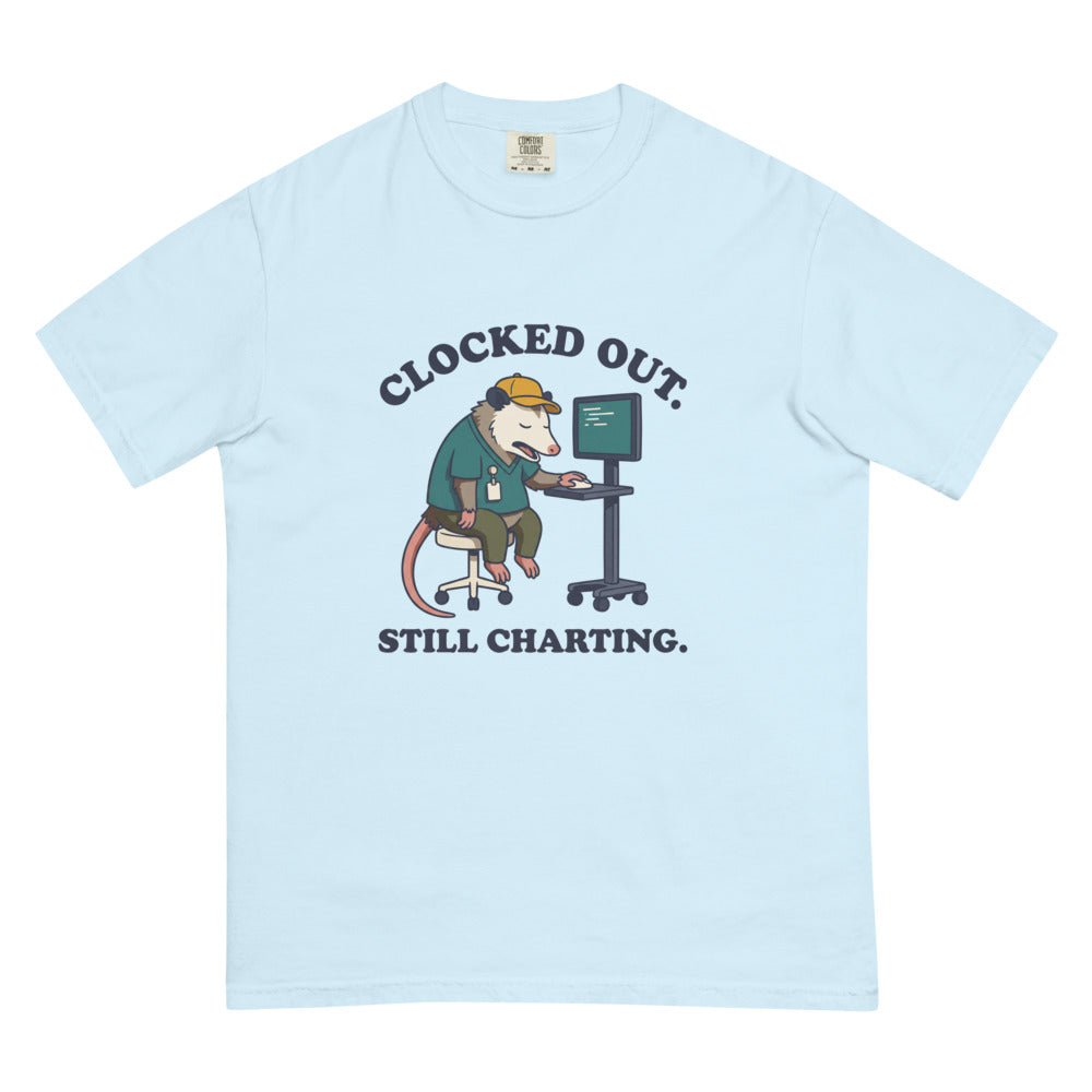 Clocked Out. Still Charting. tee in Chambray, flat lay