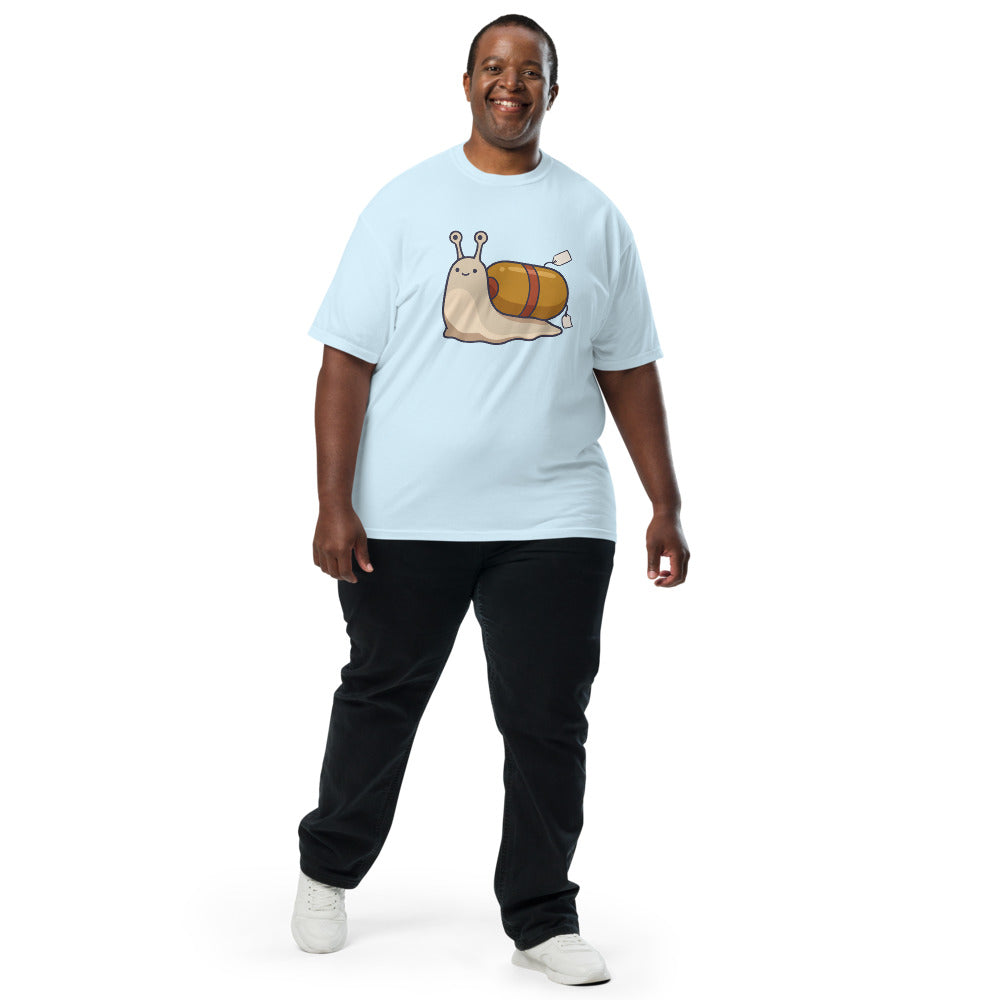 Stat tee in Chambray, on a man