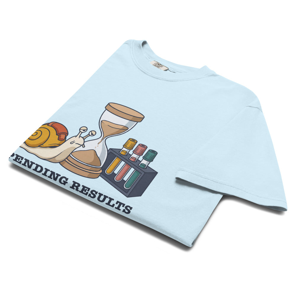 Pending Results and Patience tee in Chambray, folded