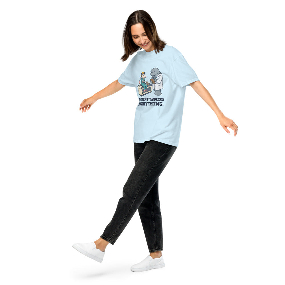 Patient Denies Everything. tee in Chambray, on a woman