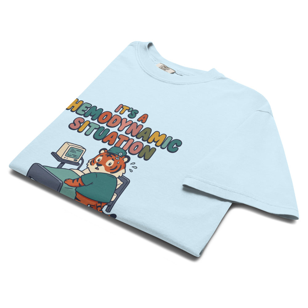It's a Hemodynamic Situation tee in Chambray, folded
