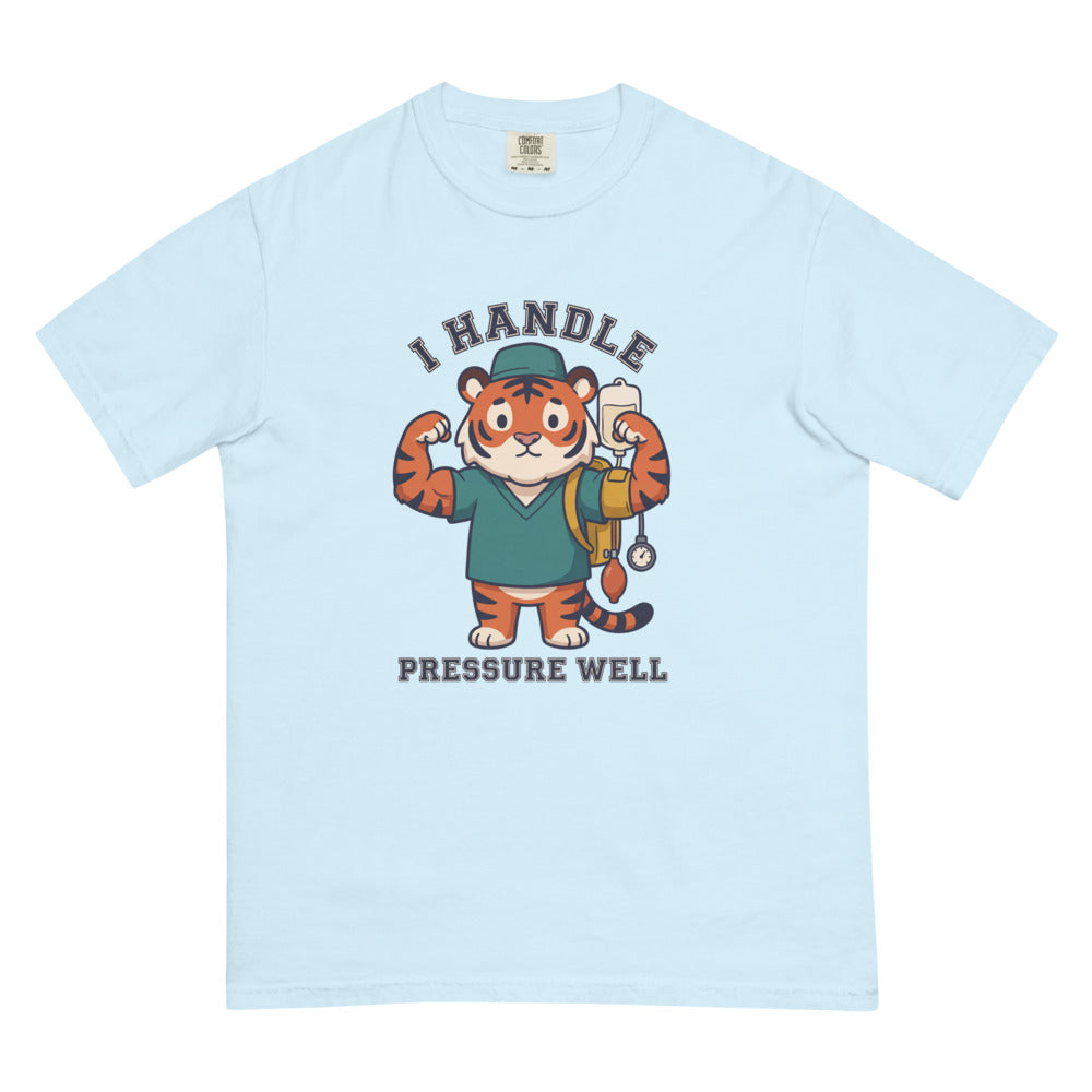 I Handle Pressure Well tee in Chambray, flat lay