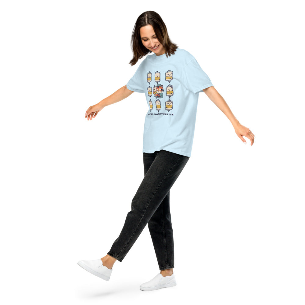 Another Day, Another Drip. tee in Chambray, on a woman