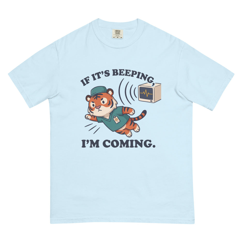 If It's Beeping, I'm Coming tee in Chambray, flat lay