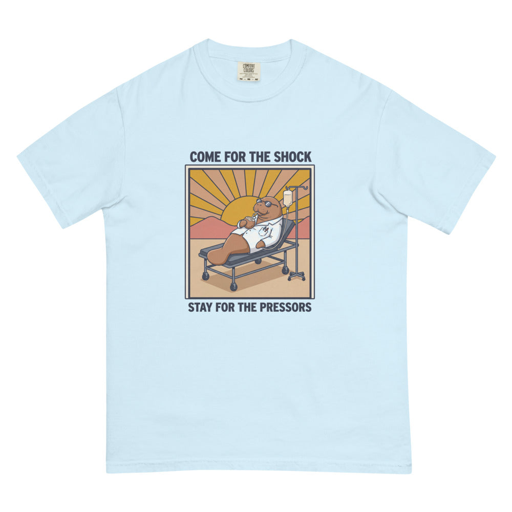 Come for the Shock, Stay for the Pressors tee in Chambray, flat lay