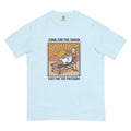 Come for the Shock, Stay for the Pressors tee in Chambray, flat lay
