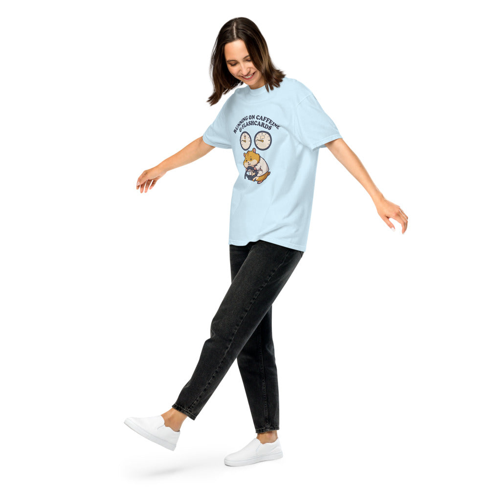 Running on Caffeine & Flashcards tee in Chambray, on a woman