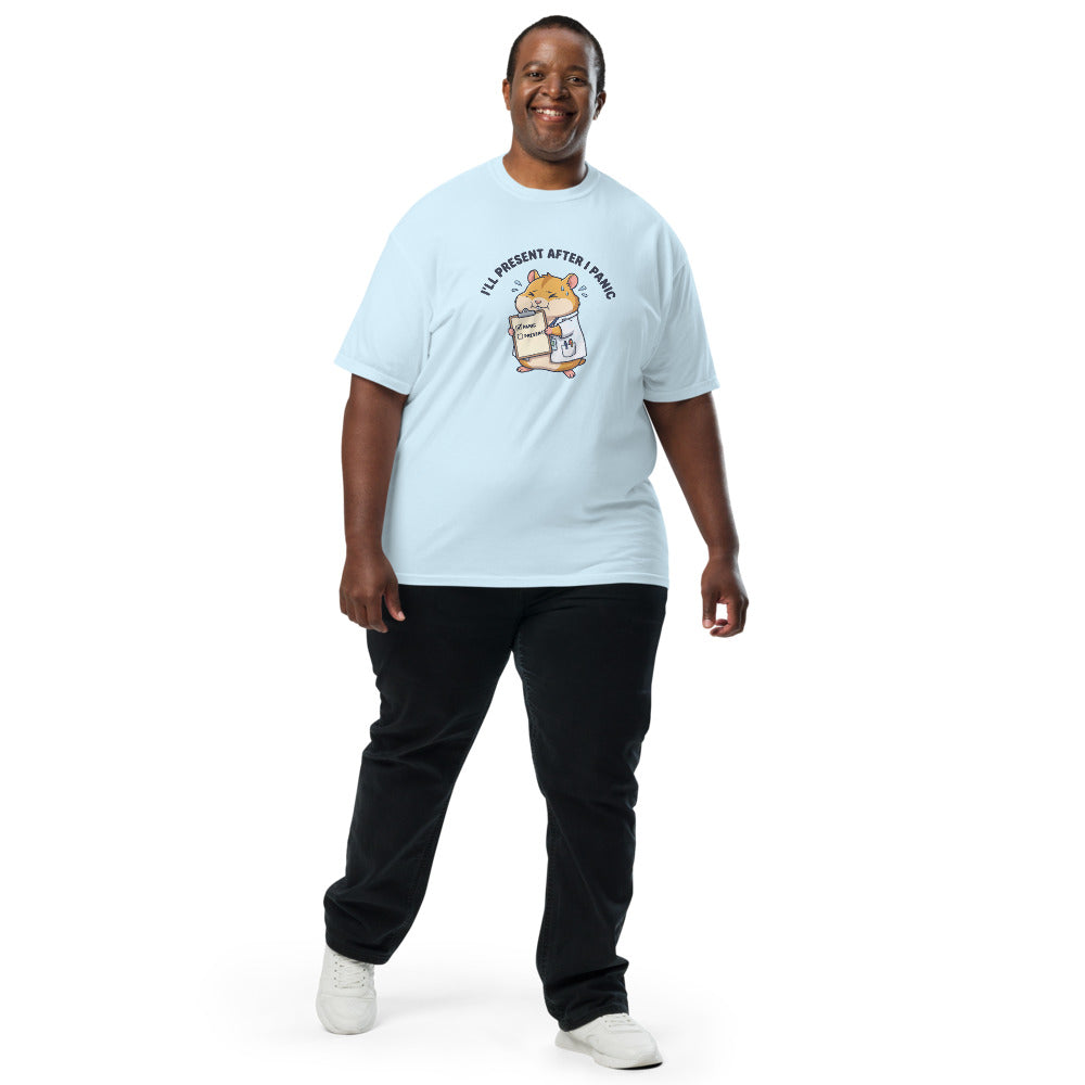 I'll Present After I Panic tee in Chambray, on a man
