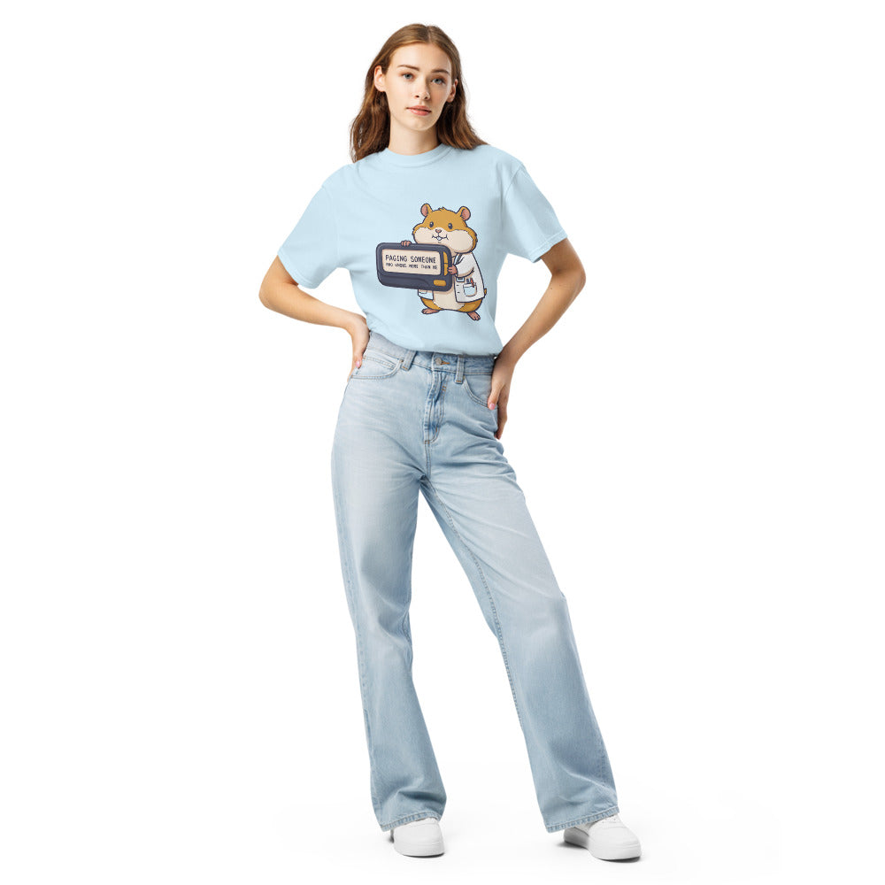 Paging Someone Who Knows More Than Me tee in Chambray, on a woman
