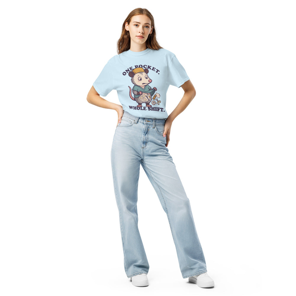One Pocket. Whole Shift. tee in Chambray, on a woman