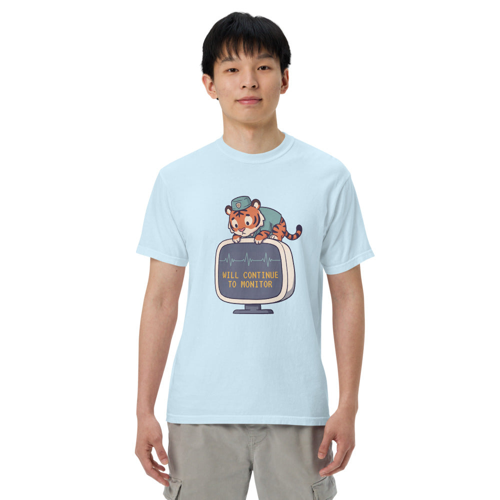 Will Continue to Monitor tee in Chambray, on a man