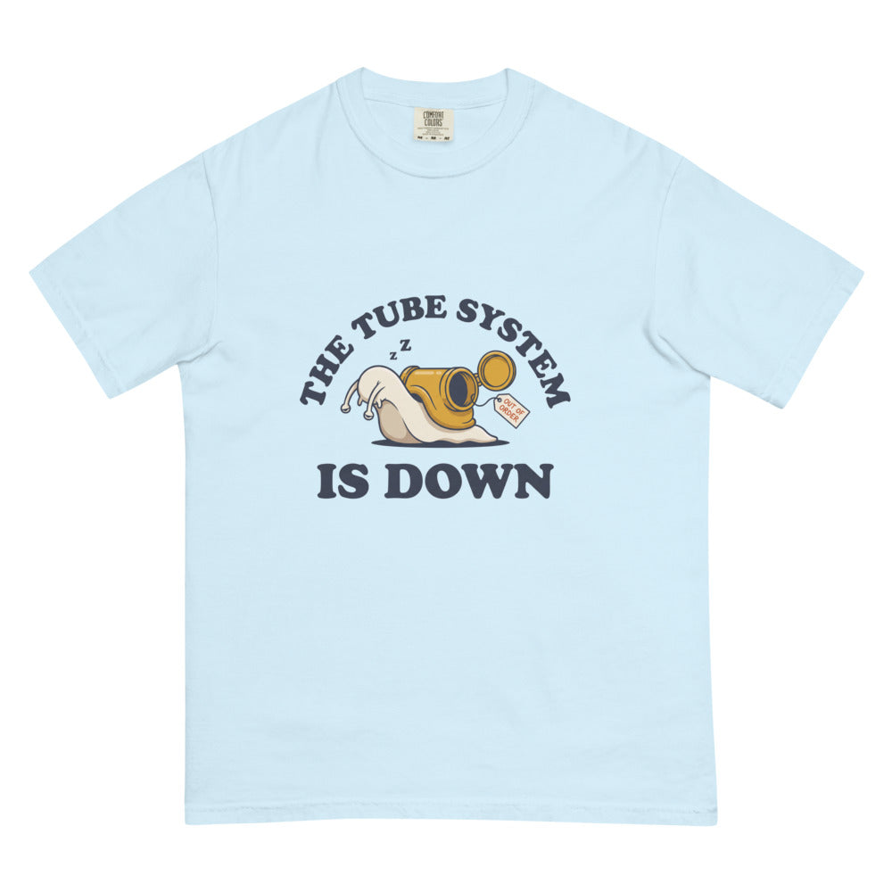 The Tube System Is Down tee in Chambray, flat lay