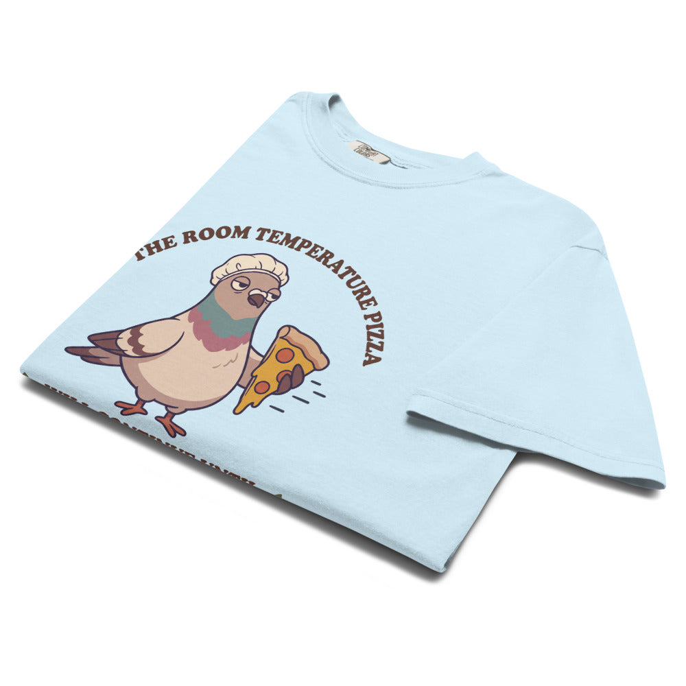The Room Temperature Pizza on a Comfort Colors 1717 tee in Chambray