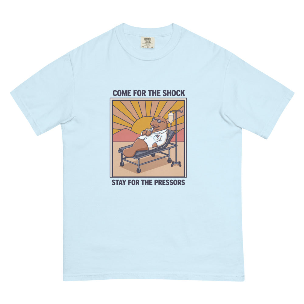 Come for the Shock, Stay for the Pressors tee in Chambray, flat lay