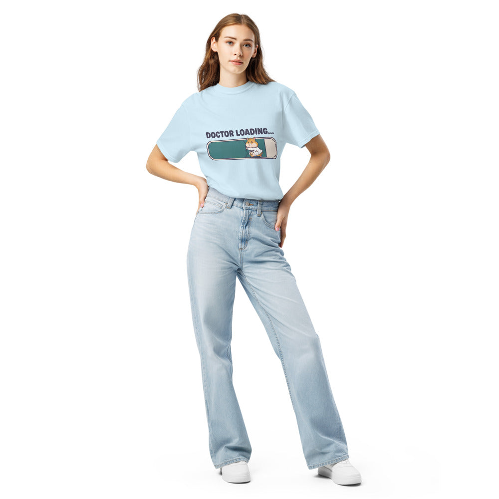 Doctor Loading… tee in Chambray, on a woman