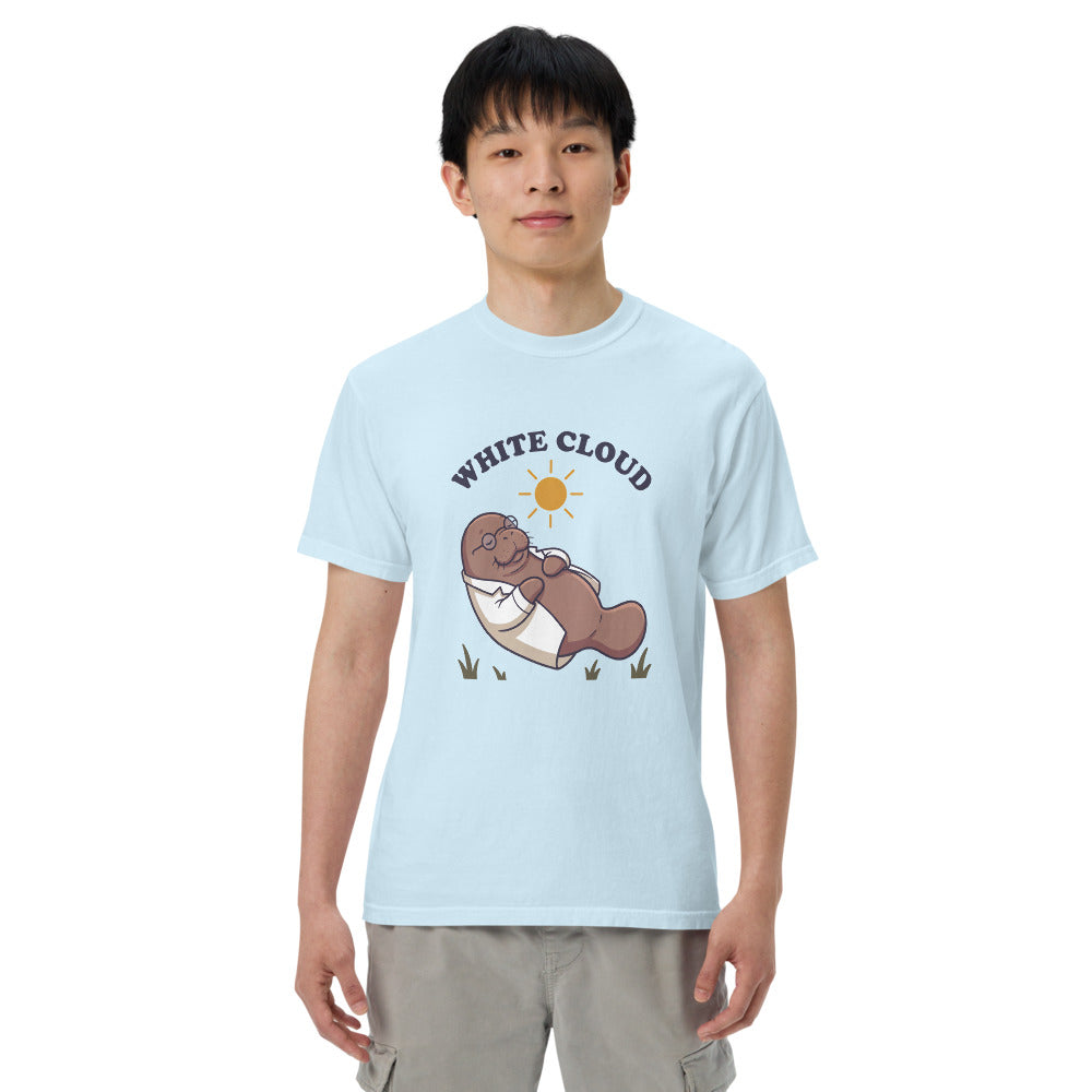 White Cloud tee in Chambray, on a man