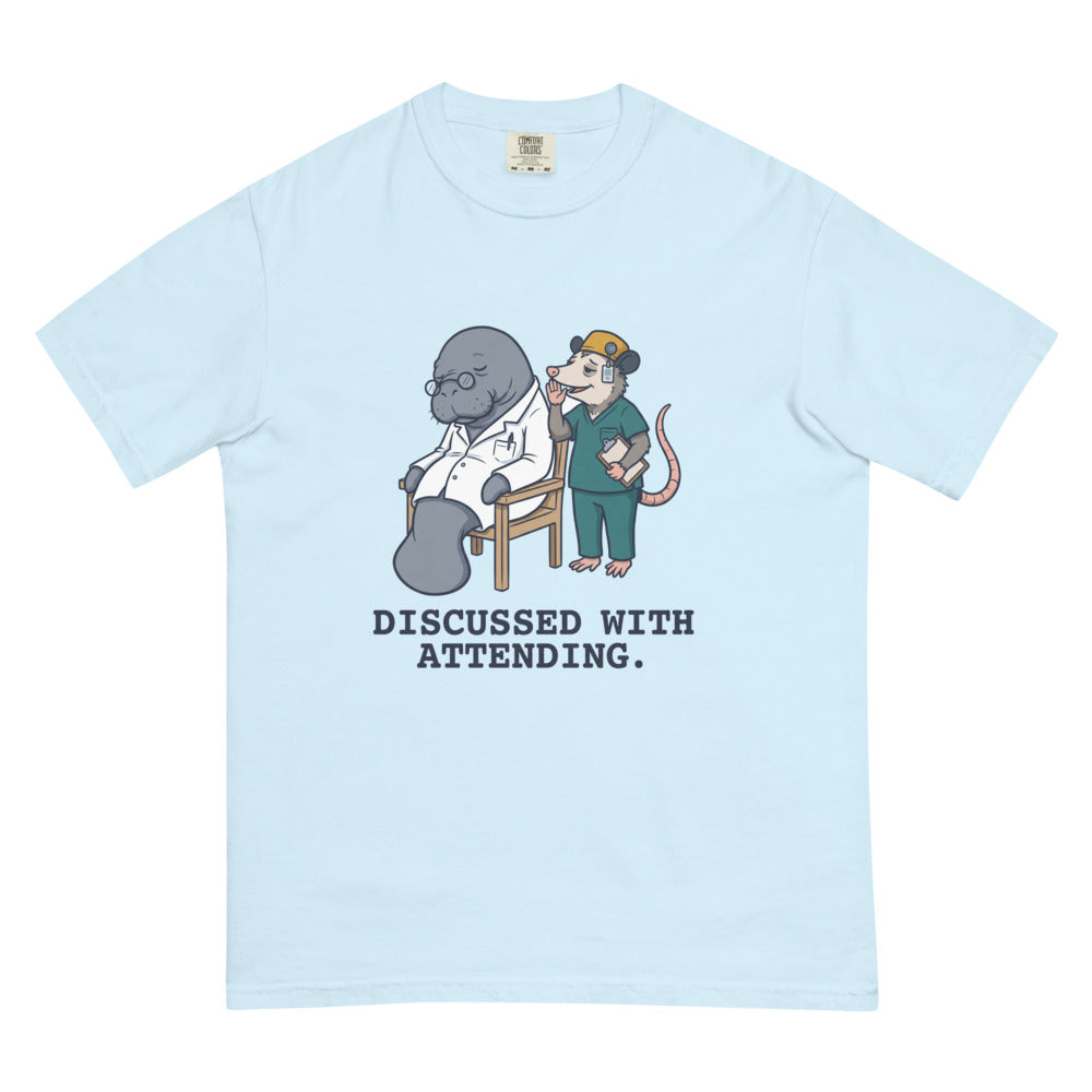 Discussed With Attending. tee in Chambray, flat lay