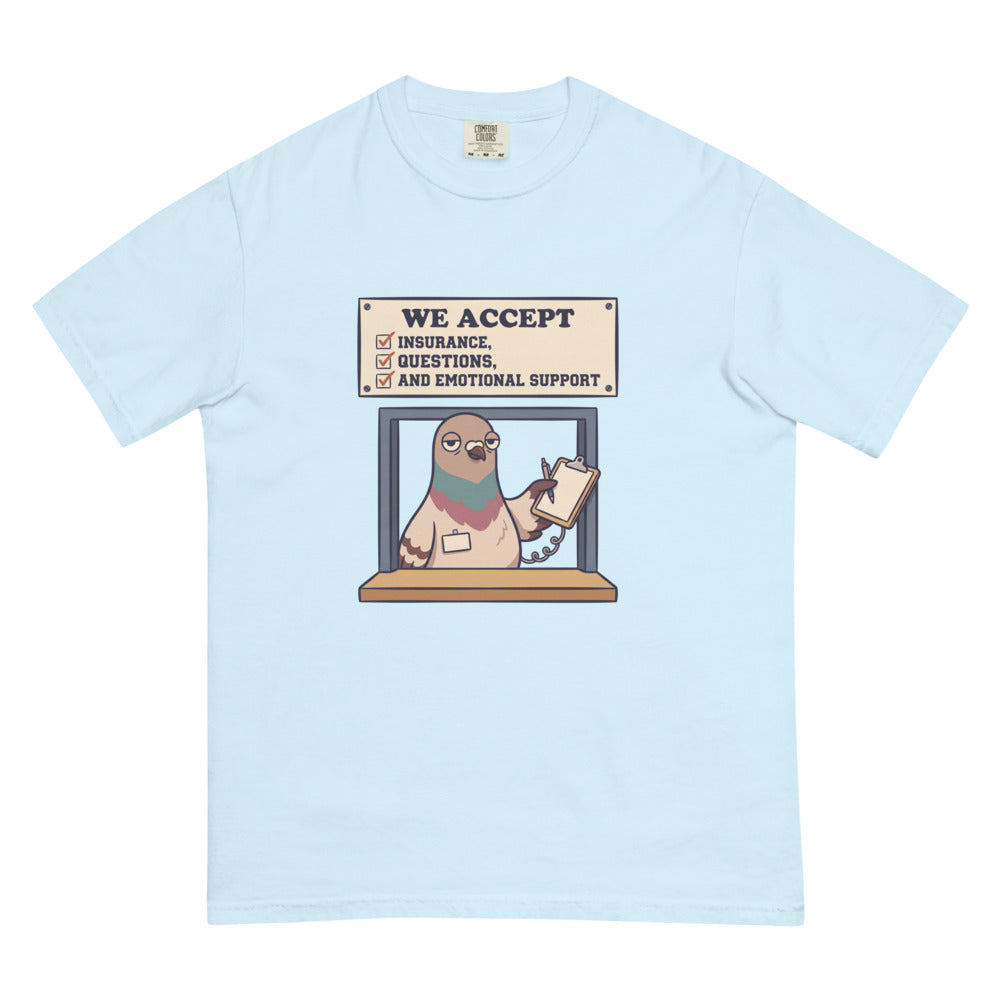 We Accept Insurance, Questions, and Emotional Support tee in Chambray, flat lay